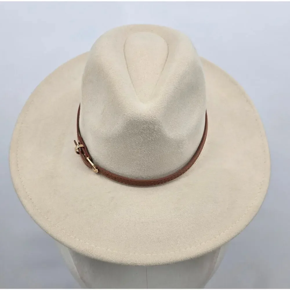 Cream Wool Blend Wide Brim Fedora Hat w/ Brown Faux Leather Band - Western Style